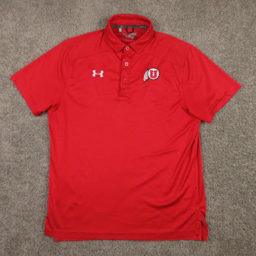 Utah Utes Polo Shirt Mens Medium Red Under Armour HeatGear Golf Coach Football